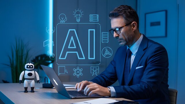 Man in suit working on laptop with ai graphic and robot on desk in blue light office setting