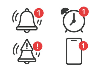 Poster - Notification Icons Set—Bell Ringing, Alarm Clock, Alert Symbols, Smartphone Message, Reminder, Warning, Exclamation, Red Alert Badge, Modern Flat Vector on Transparent Background