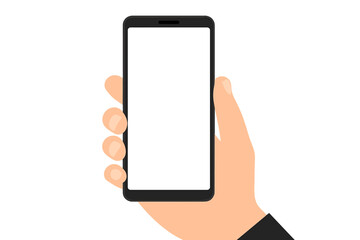 Poster - Hand holding a modern black smartphone with a blank white screen for mockup. Mobile phone display template for application or website design. Flat vector illustration isolated.