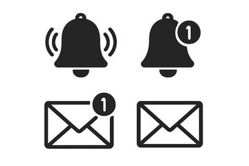 Poster - Notification bell and message icon set. Flat glyph symbols for web and app interface. New incoming mail, alarm, and reminder alert notice. Vector illustration isolated.