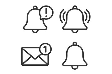 Fototapete - Notification bell icon set. Line art symbols for web and app UI. Includes ringing alarm, new message, notice, and alert icons. Vector for UX design, incoming inbox message.
