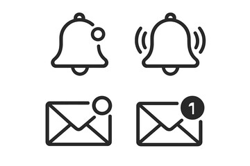 Poster - Notification bell and new message email icon set. Ringing alarm and unread inbox notice symbol collection. Vector line art for app UI, web design on transparent background.