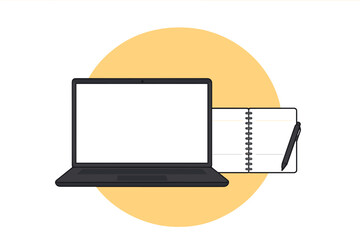 Poster - Laptop computer and notebook vector mockup. Front view of a device with a blank white screen for copy space. Business, e-learning, or home office workspace concept.