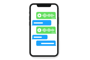 Fototapete - Voice message chat on smartphone screen. Audio message in messenger app. Modern online communication concept. Social media chat interface design. Mobile phone with sound record.