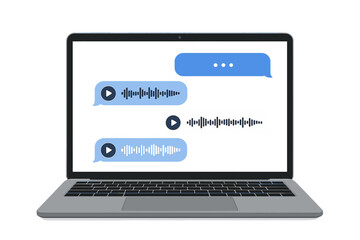 Fototapete - Laptop with voice messages on screen. Online chat with audio message bubbles. Modern communication concept in a messenger app. Social media dialogue with sound waves. Vector.