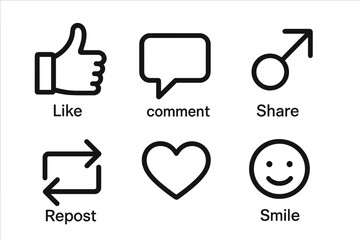 Poster - Social media engagement icon set with like, comment, share, repost, heart, and smile symbols. Vector line art for web and app UI design. Social network reaction buttons.