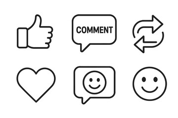 Poster - Like, comment, share, and repost vector line icons. Social media signs set with heart and smile emoji reactions. Simple communication and network symbols for web and app UI.