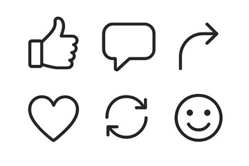 Poster - Social media line icons set. Thumbs up, comment, share, repost, heart, and smile vector icons. Emoji reactions and social network signs for web, app, UI, UX design element.