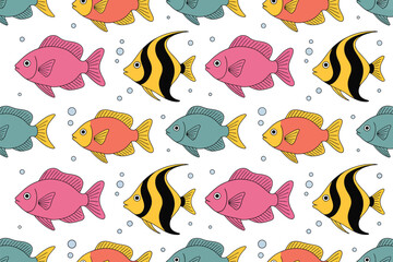 Poster - A seamless pattern of colorful cartoon fish and bubbles on a white background in a repeating design