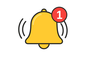 Poster - Ringing notification bell icon with one new message alert. Yellow shaking alarm symbol for social media reminder, subscribe button, and web interface. Vector illustration.