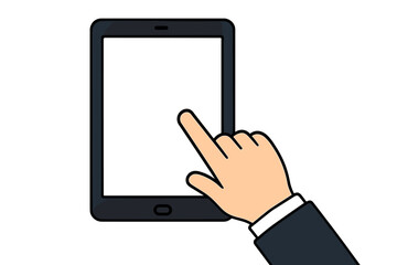 Poster - Touchscreen Tablet Device with Hand Gesture. Modern Digital Tablet Illustration. Touch Interface Concept. Finger Tapping Blank Tablet Screen. Business Technology User Interaction. Isolated Vector Art.