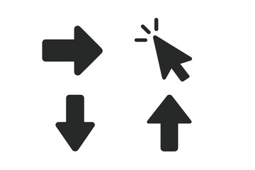 Aufkleber - Arrow icon set. Black filled glyph collection for web design and apps. Directional signs for navigation: up, down, right. Computer mouse cursor with click effect. Vector pointer.