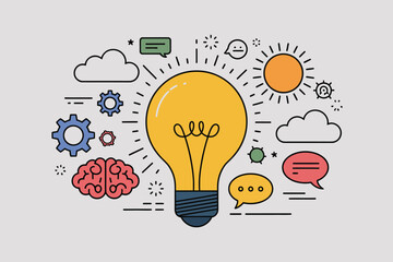 Poster - Illustration of a lightbulb surrounded by various icons representing ideas and creativity concept