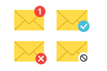 Poster - Email icon set for web and mobile apps. Mail envelope with new message notification, sent check mark, spam block symbol, and error cross sign. E-mail marketing vector.