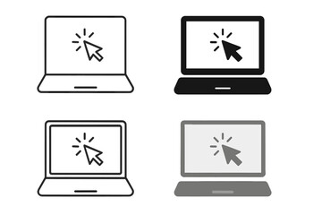 Aufkleber - Laptop vector icon set with cursor click symbol. Computer notebook screen pictogram collection. Line, solid, and flat style design element for web, app, and graphic projects.