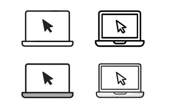 Laptop vector icon set in 4 different styles with pointer cursor on the screen. Notebook computer monitor symbol for graphic design, web, or app interface element.