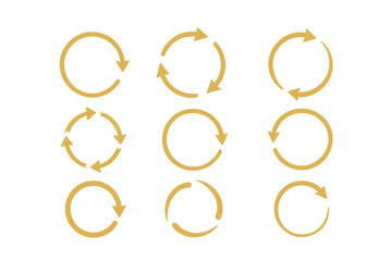 Poster - Golden circle arrows vector icon set. Collection of circular arrow symbols for refresh, reload, rotation, and workflow concepts. Direction and movement illustration.