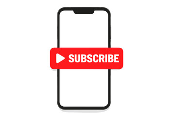 Poster - Subscribe button on smartphone screen. Concept for social media marketing, video channel, blog, and newsletter subscription. Red web button as a call to action for online service.