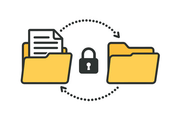 Fototapete - Secure file transfer and data exchange concept. Encrypted document sharing between folders. Confidential information protection, backup, and synchronization technology icon.