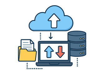 Fototapete - Cloud computing service, data transfer and storage concept. Upload, download, and sync files. Database server backup and file sharing technology. Network connection flat icon.