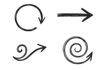 Poster - Hand drawn arrow icon set. Sketchy doodle style vector elements for web design and navigation. Circle arrow, swirl and pointer symbols for interface. Isolated graphic.