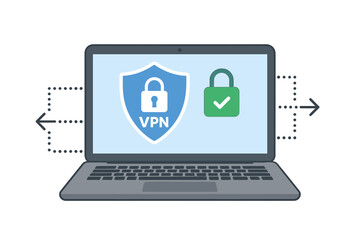 Fototapete - Laptop with secure VPN connection. Virtual private network for online privacy and data protection. Cybersecurity concept with shield and lock icon. Secure web traffic and internet security.