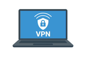 Fototapete - VPN service for secure internet connection. Laptop with virtual private network technology for online privacy and data protection. Cybersecurity and web traffic safety concept.