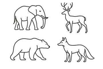 Poster - Wild animals outline icon set. Elephant, bear, deer and fox. Forest fauna vector line symbols. Minimalist wildlife and nature pictogram collection for zoo logo design.
