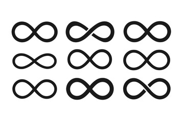 Poster - Infinity symbols vector icons set. Modern black designs of abstract endless loops. Creative sleek logo elements, interconnected shapes and motifs for graphic design projects.