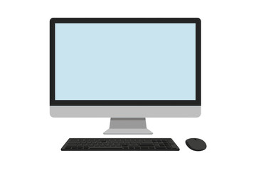 Poster - Modern Desktop Computer Monitor with Wireless Keyboard and Mouse, Minimal Workspace, Blank Blue Screen, Digital Office Technology, Isolated on White Background