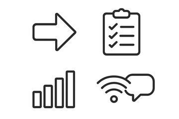 Poster - Interface line icon collection. Features arrow for direction, clipboard checklist for tasks, signal strength for data, and Wi-Fi chat symbol for wireless communication.