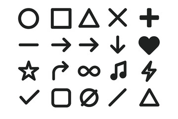 Fototapete - Black icon symbol collection. Variety of design elements like geometric shapes, mathematical signs, arrows, music note, star, heart, infinity, and lightning bolt. Vector set.