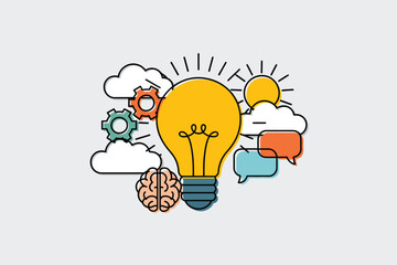 Poster - Illustration of a light bulb surrounded by clouds, gears, a brain, sun, and speech bubbles on gray
