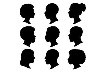 Poster - Black people profile silhouette set. African American man and woman face portrait. Diverse Afro hairstyles. Cameo icon collection for logo design. Vector illustration.