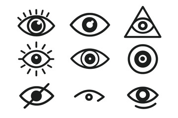 Poster - Eye icon set. Vision, see, look, watch symbols. Simple line art pictogram collection for logo design. Ophthalmology, security, or surveillance concept. All-seeing eye.