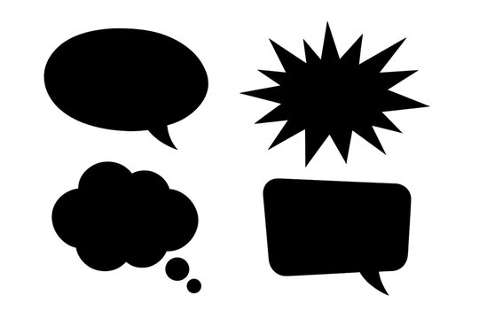 Speech bubble vector set for comics and pop art. Black silhouette of communication icons, thought bubbles, and dialogue balloons. Jagged burst and explosion shapes for messages.
