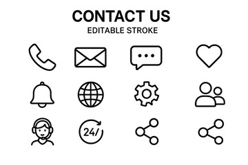 Poster - Contact us line icon set with editable stroke. Communication symbols for customer service and support. Includes phone, email, chat, social media, and 24/7 service icons.