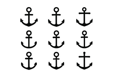 Poster - Anchor icon set vector graphic. Simple black silhouette collection of nautical marine symbols. Sea, boat, and ocean elements for logo design. Sailor and navy concept flat.