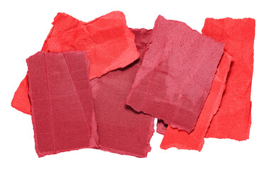 Poster - Red crumpled wrinkled torn pieces of blank paper note cardboard with texture and copy space, close up transparent png background isolated cut out design element