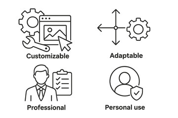 Poster - Set of linear icons. Customizable website builder, adaptable settings, professional business solution, personal user account security. Vector illustration for UI/UX design.