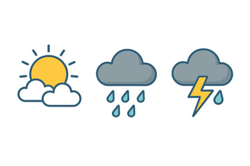 Poster - Weather icon set vector illustration. Sunny, rainy, and stormy conditions for meteorology forecast. Climate and nature theme elements. Flat design symbol collection.