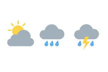 Poster - Weather forecast vector icon set. Simple flat graphic symbols for meteorology and climate concepts. Includes sun, clouds, rain, and lightning for sunny, rainy, stormy days.