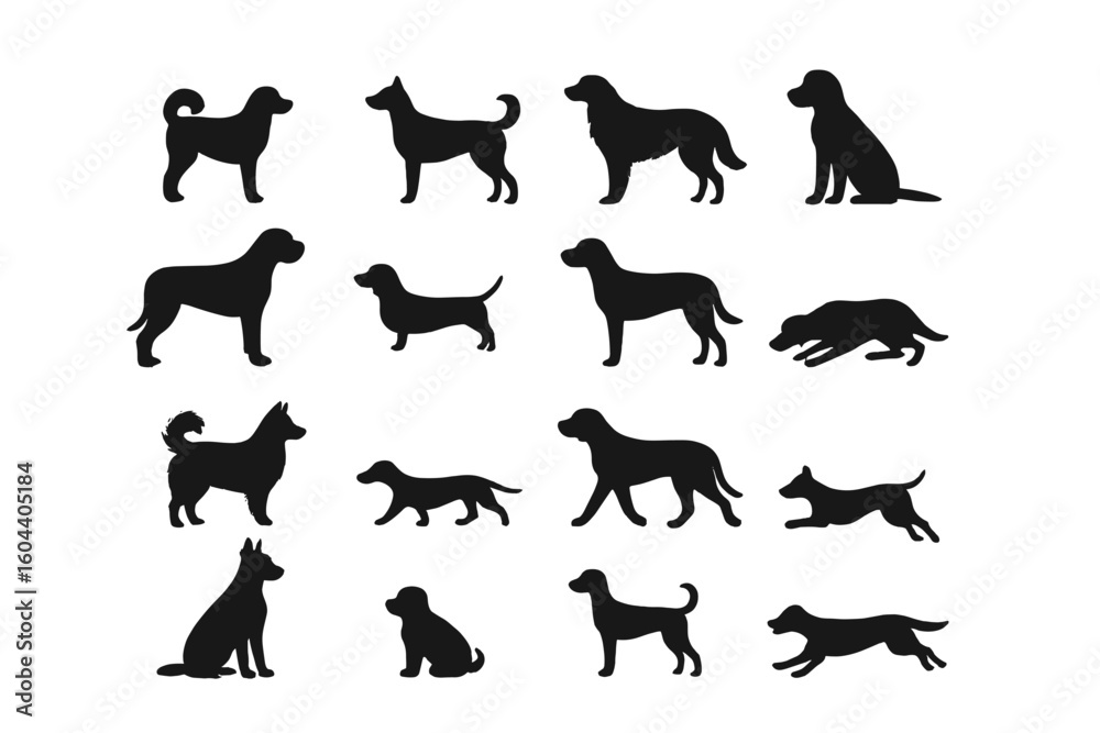 Dog silhouettes vector set. Big collection of various canine breeds in ...