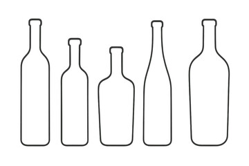 Poster - Wine bottle outline icon set. Collection of various glass bottle shapes for alcohol, wine, and drinks. Vector line art illustration for bar menu, winery, or restaurant design.