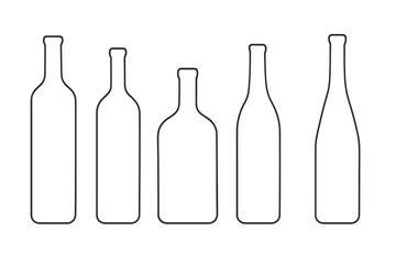 Poster - Set of diverse wine bottle outlines. Vector illustration for bar menu or winery design. Minimalist line art icon collection of different glass bottle shapes. Isolated.
