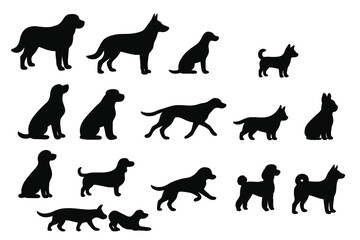 Poster - Dog silhouettes vector illustration set. Collection of various breeds in different poses and sizes. Canine pet animal graphic icons for design. Isolated on white background.