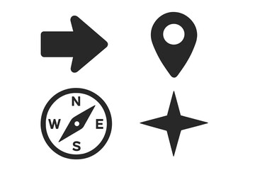 Poster - Navigation and location icon set. Arrow pointer, map pin marker, compass, and north star. Simple flat vector symbols for direction, travel, GPS, and discovery concepts.