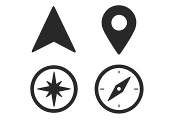 Poster - Navigation icons set with compass, map pin, and arrow. GPS location and direction symbols. Vector graphic for travel, orientation, and route concepts. Simple black UI elements.