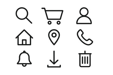 Fototapete - Essential website & mobile app UI/UX line icon set. Simple vector pictogram collection. Includes search, cart, user profile, home, location, phone, notification, download, trash.