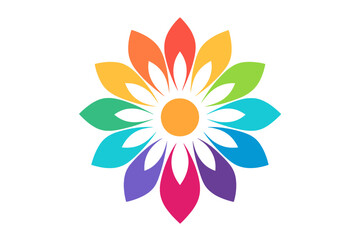 Poster - Colorful flower logo vector illustration. Abstract floral shape with rainbow gradient petals. Symmetrical ornamental bloom icon. Nature inspired art for community, wellness.